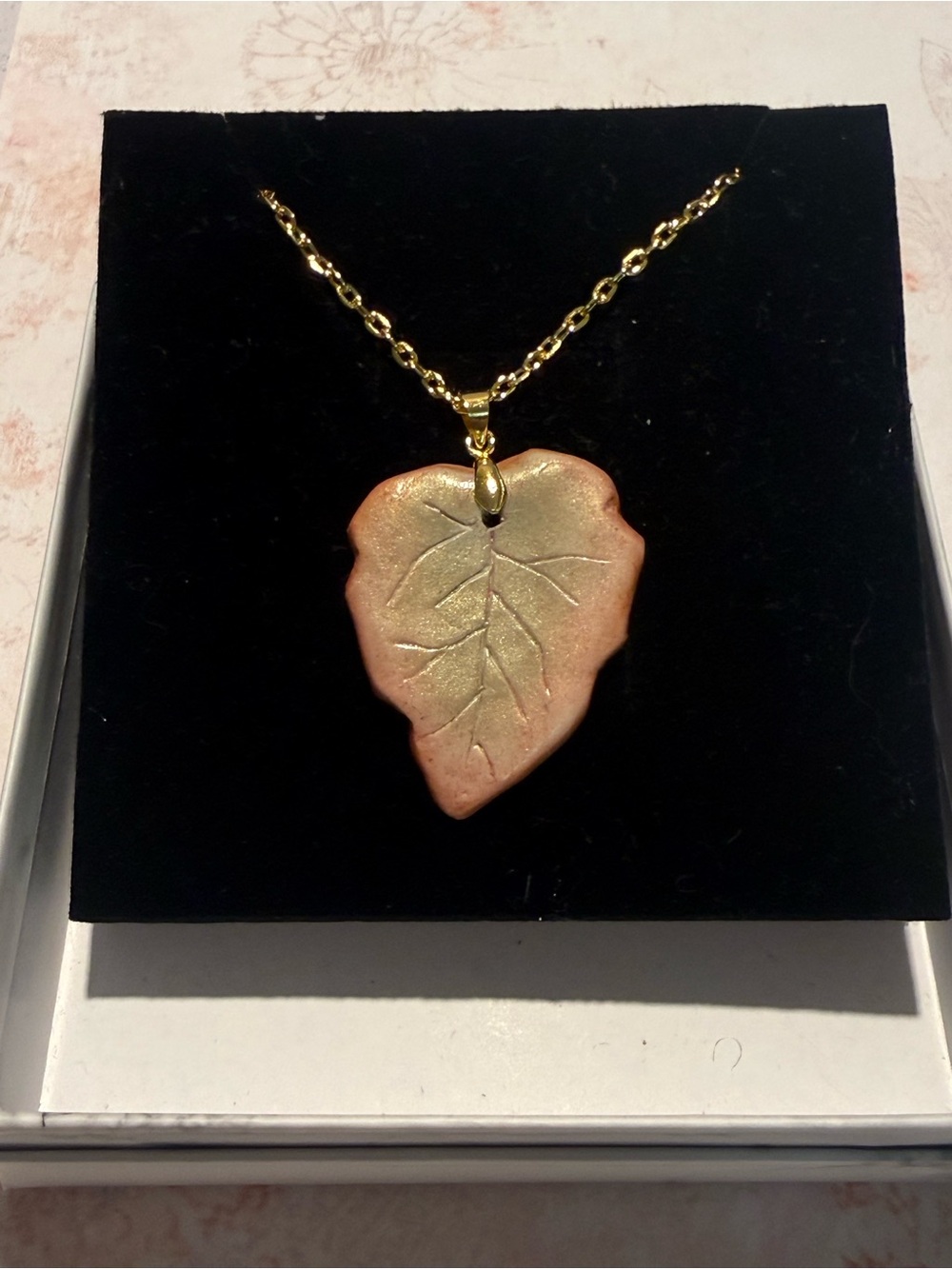 Delicate Green-Gold Leaf Pendant Necklace on Gold Chain